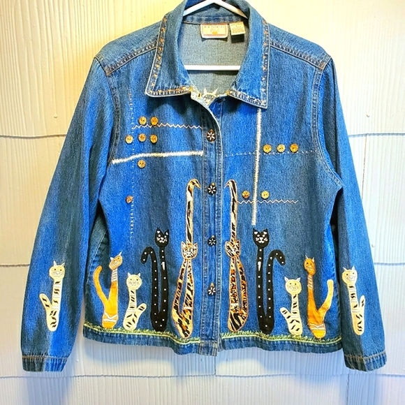 Vintage Jackets & Blazers - Cat Jean Jacket Vintage Women's Large. New Identity.